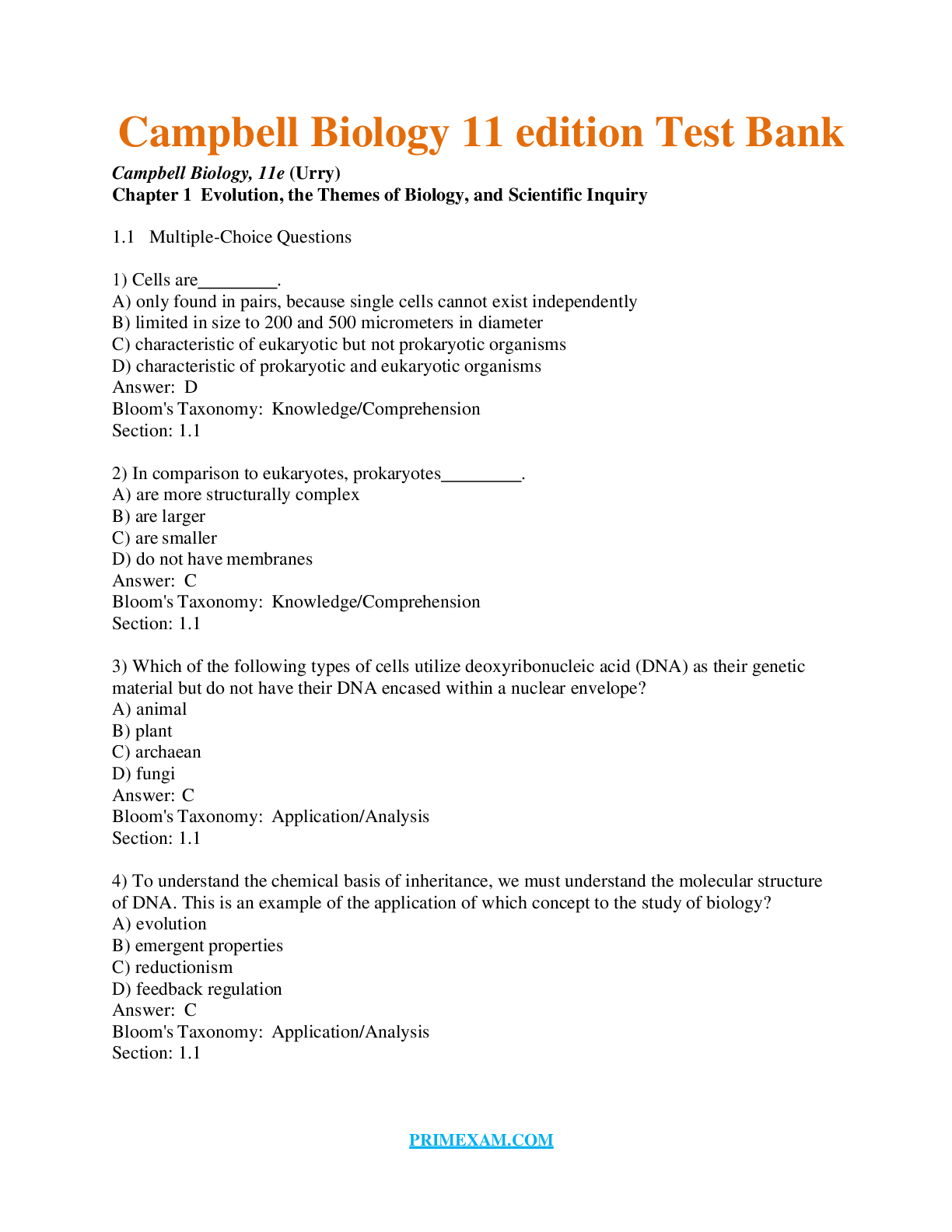 Test Bank for Campbell Biology 11th Edition by Urry, Cain, Wasserman | All Chapters 1-56